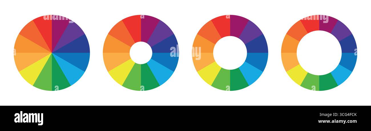 Jeu de palettes de couleurs ou diagrammes de diagramme de roue de couleurs, élément rond de palette arc-en-ciel, spectre de roue de couleurs pour la sélection de couleurs ou signe de tranche de segment. Illustration de Vecteur Jeu de palettes de couleurs ou diagrammes de diagramme de roue de couleurs, élément rond de palette arc-en-ciel, spectre de roue de couleurs pour la sélection de couleurs ou signe de tranche de segment. Illustration de Vecteur