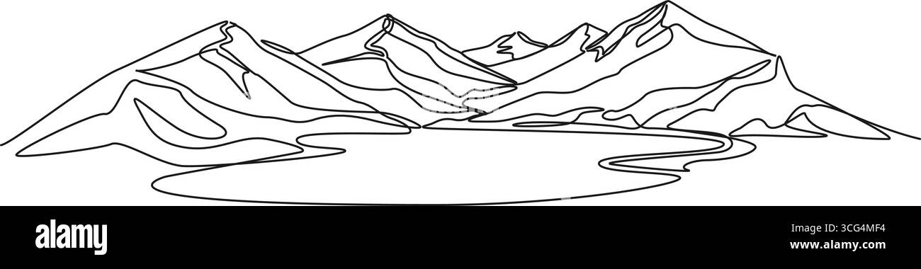 dessin en ligne simple continu de paysage de montagne avec lac au premier plan, illustration vectorielle d'art au trait Illustration de Vecteur