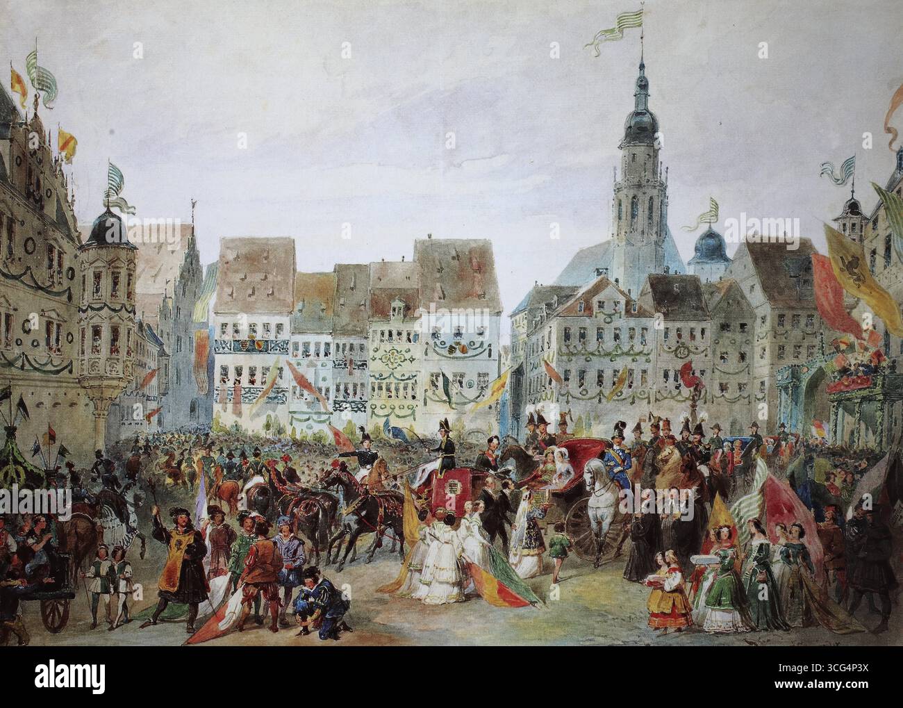 Entrée du prince héréditaire de Saxe, Cobourg, et Gotha avec son épouse, 14 mai 1842, Cobourg, haute-Franconie, Bavière, Allemagne, historique, reproduction restaurée numériquement à partir d'un original du XIXe siècle, date d'enregistrement non indiquée Banque D'Images