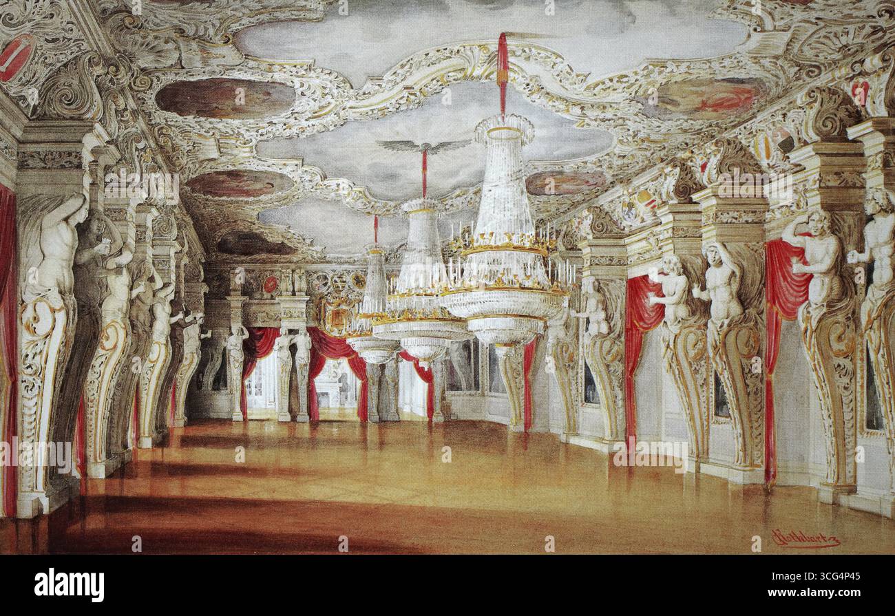 La salle des géants au château d'Ehrenburg, 1845, Cobourg, haute-Franconie, Bavière, Allemagne, historique, reproduction restaurée numériquement à partir d'un original du XIXe siècle, date d'enregistrement non indiquée Banque D'Images