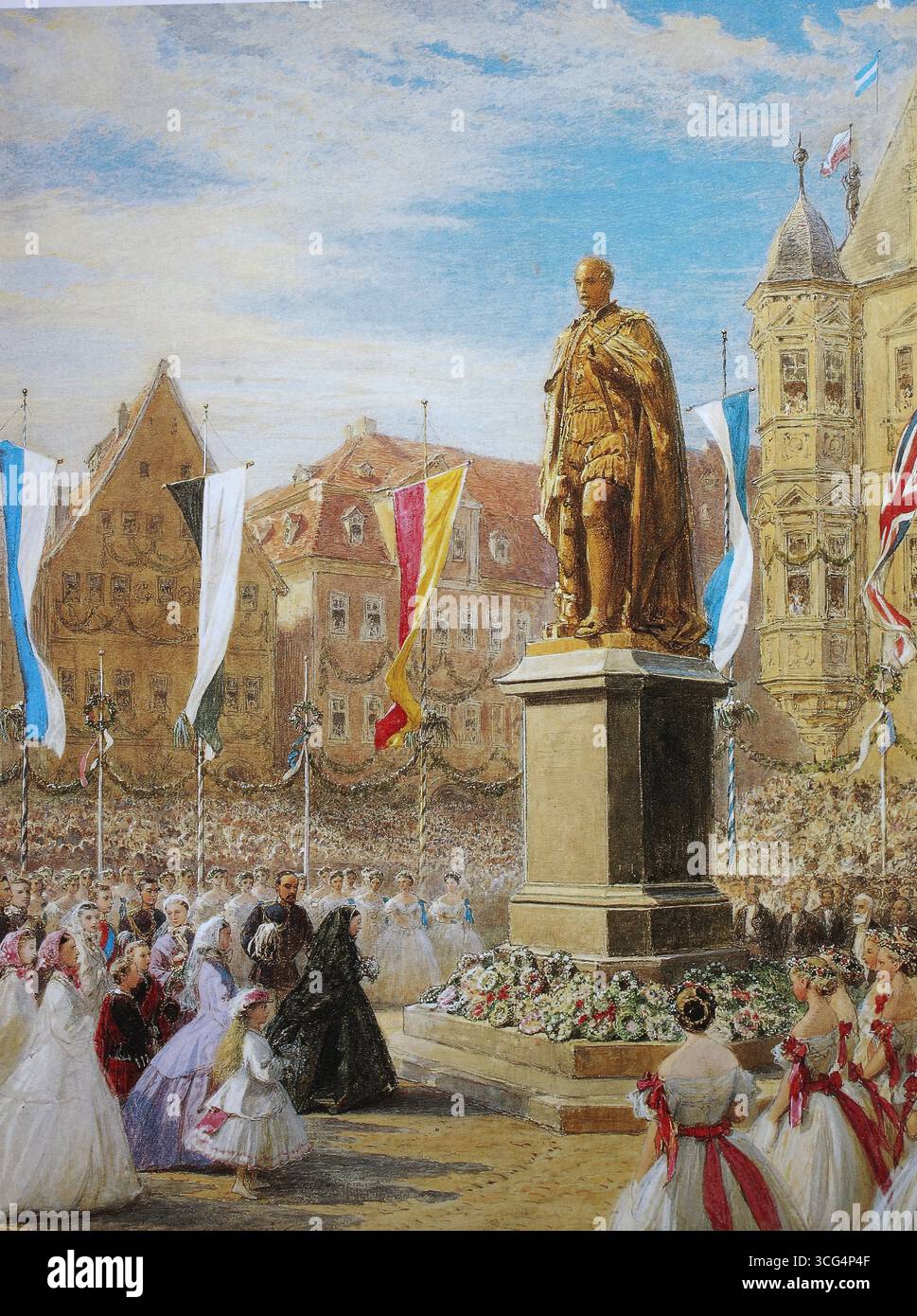 Reine Victoria déposant une couronne devant la statue du prince consort, 26 août 1845, Cobourg, haute-Franconie, Bavière, Allemagne, historique, reproduction restaurée numériquement à partir d'un original du XIXe siècle, date d'enregistrement non indiquée Banque D'Images