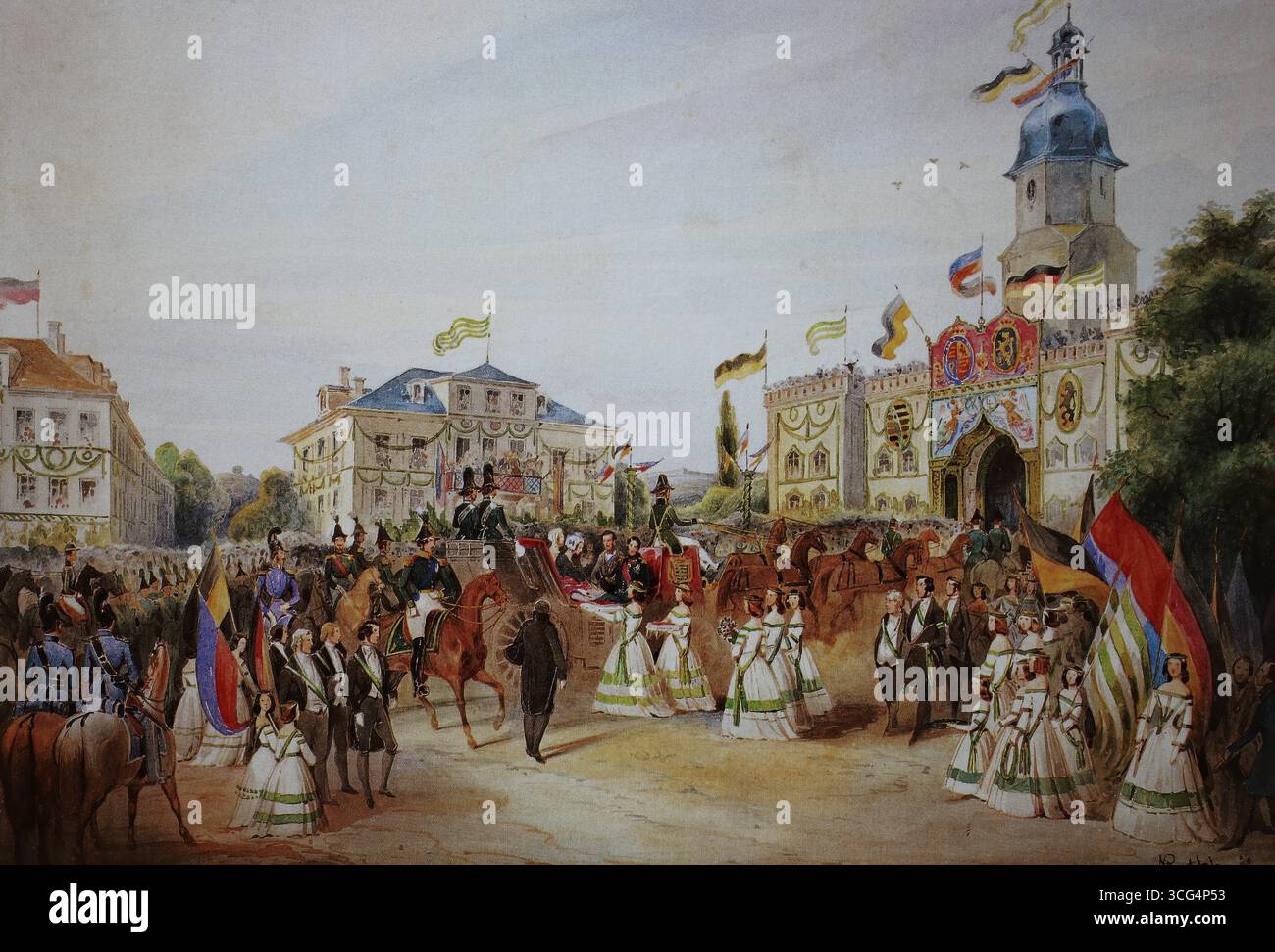 Entrée de la reine Victoria, reine du Royaume-Uni de Grande-Bretagne et d'Irlande, et du prince Albert de Saxe-Cobourg et Gotha, 19 août 1845, Cobourg, haute-Franconie, Bavière, Allemagne, historique, restauré numériquement reproduction d'un original du 19ème siècle, date d'enregistrement non indiquée Banque D'Images