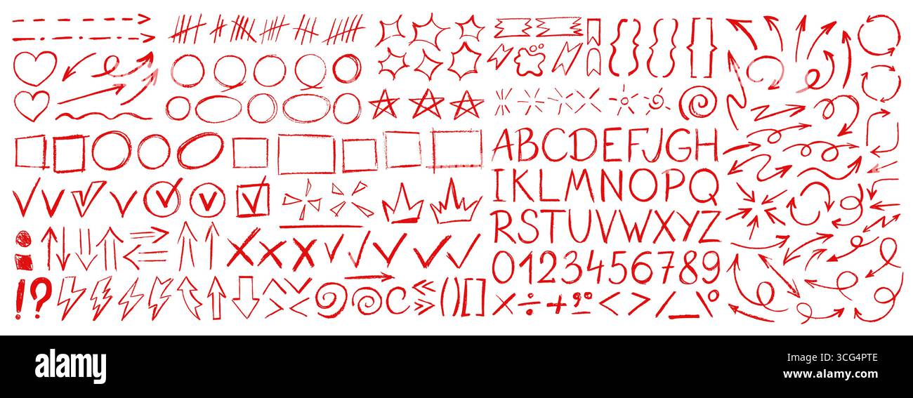 Crayon rouge crayon à la main dessiné doodle alphabet, flèche et étoile, vérification et ligne, cadre et bulles. Ensemble vectoriel de symboles d'esquisse, abc, nombres, coches, ponctuation, cercles, lettres pour infographie Illustration de Vecteur