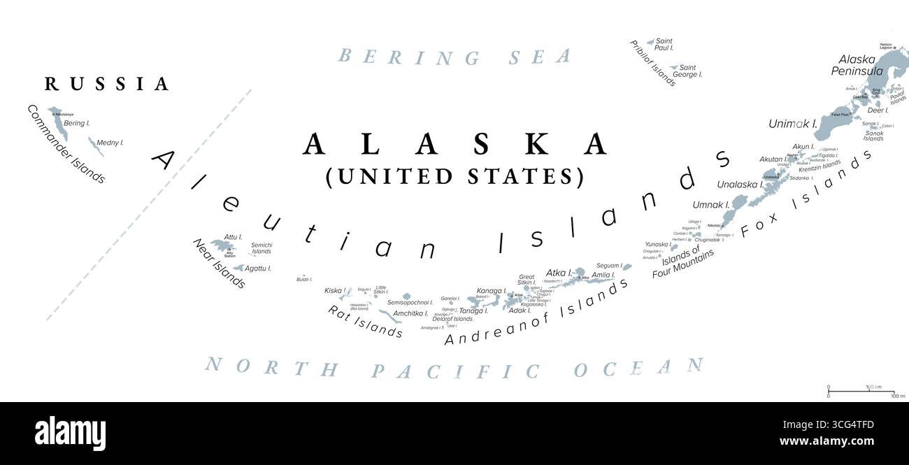 Îles Aléoutiennes, carte politique grise. Archipel en forme d'arc, la plupart appartiennent à l'État américain de l'Alaska, tandis que les îles commander appartiennent à la Russie. Banque D'Images