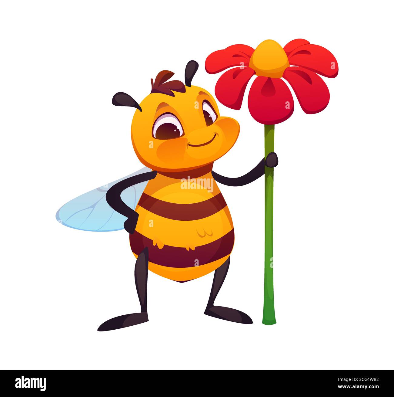 Personnage d'abeille de miel de dessin animé debout avec fleur rouge à la main. Mignon personnage d'insecte d'abeille rayé avec antennes et visage souriant. Mascotte de rucher vectoriel pour la pollinisation des fermes apicoles ou des jardins Illustration de Vecteur