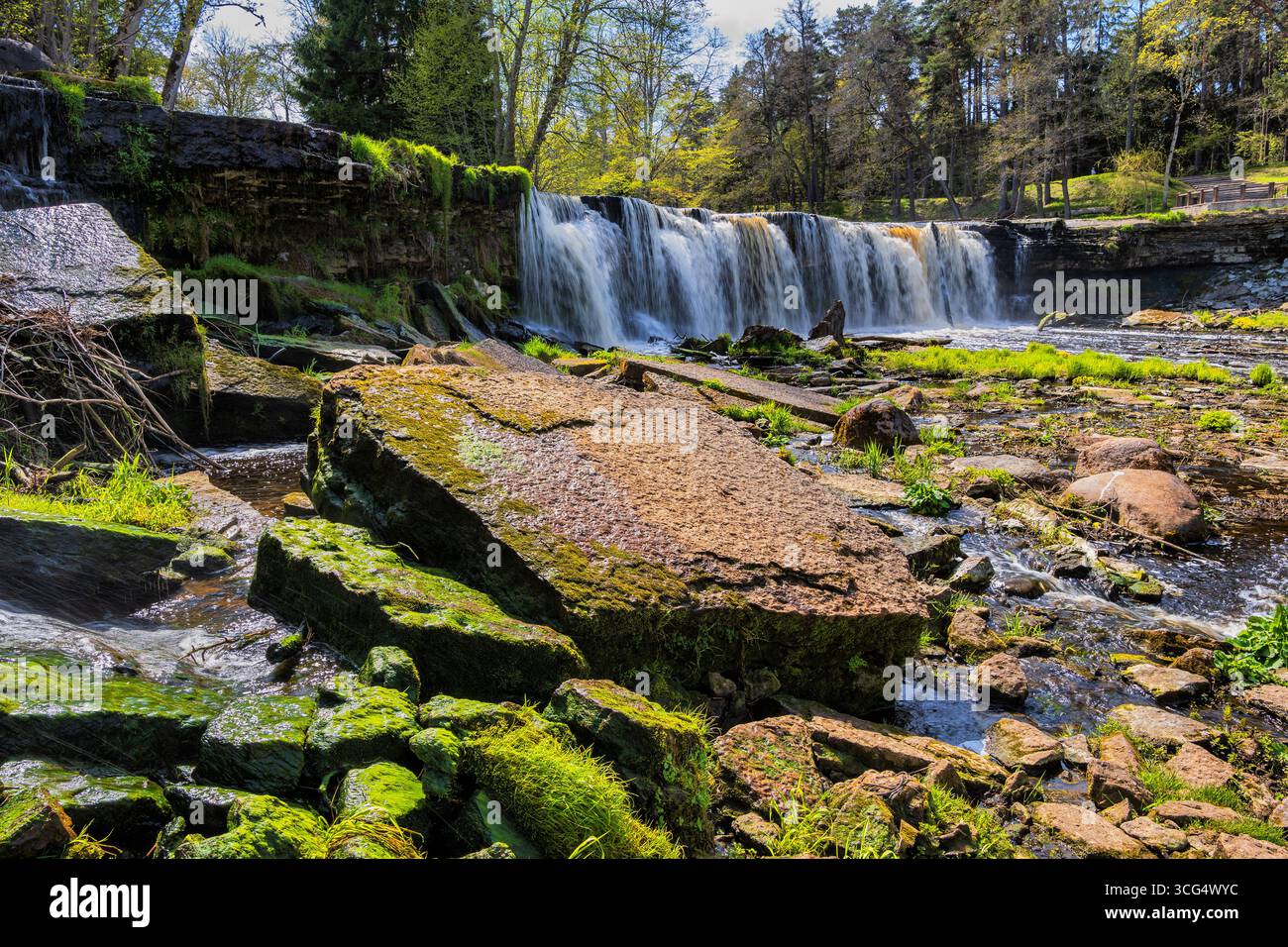 Paysage avec la cascade de Keila (Keila juga), falaise pittoresque avec des chutes et des rochers sur la rivière Keila en Estonie. Banque D'Images