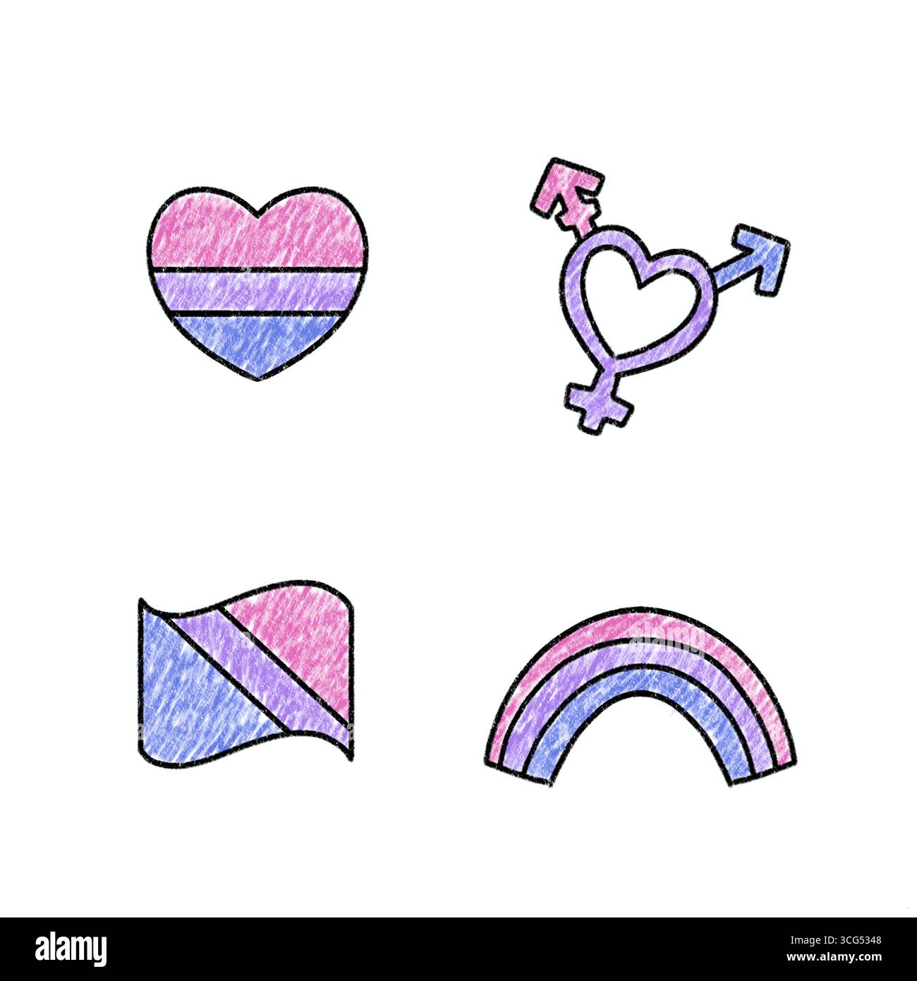 Un ensemble d'icônes vibrant célébrant la fierté bisexuelle et l'identité LGBTQ+ Banque D'Images