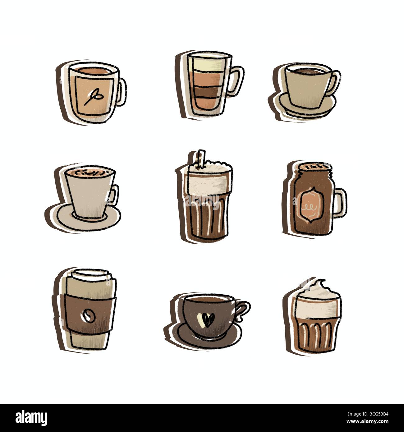 illustration set éléments de café, y compris latte, espresso, cappuccino, tasses et tasses Banque D'Images