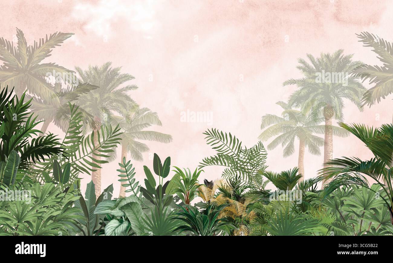 Fond de feuillage tropical - palmiers, feuilles de la jungle et plantes exotiques, Seamless nature Design, JPG Banque D'Images