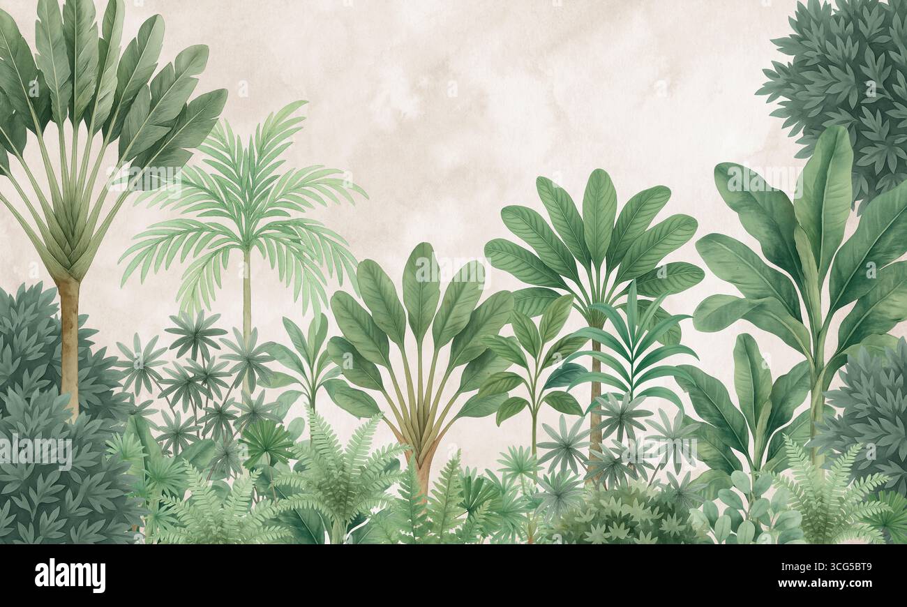 Feuilles de palmier tropical aquarelle fond d'art mural jungle Banque D'Images