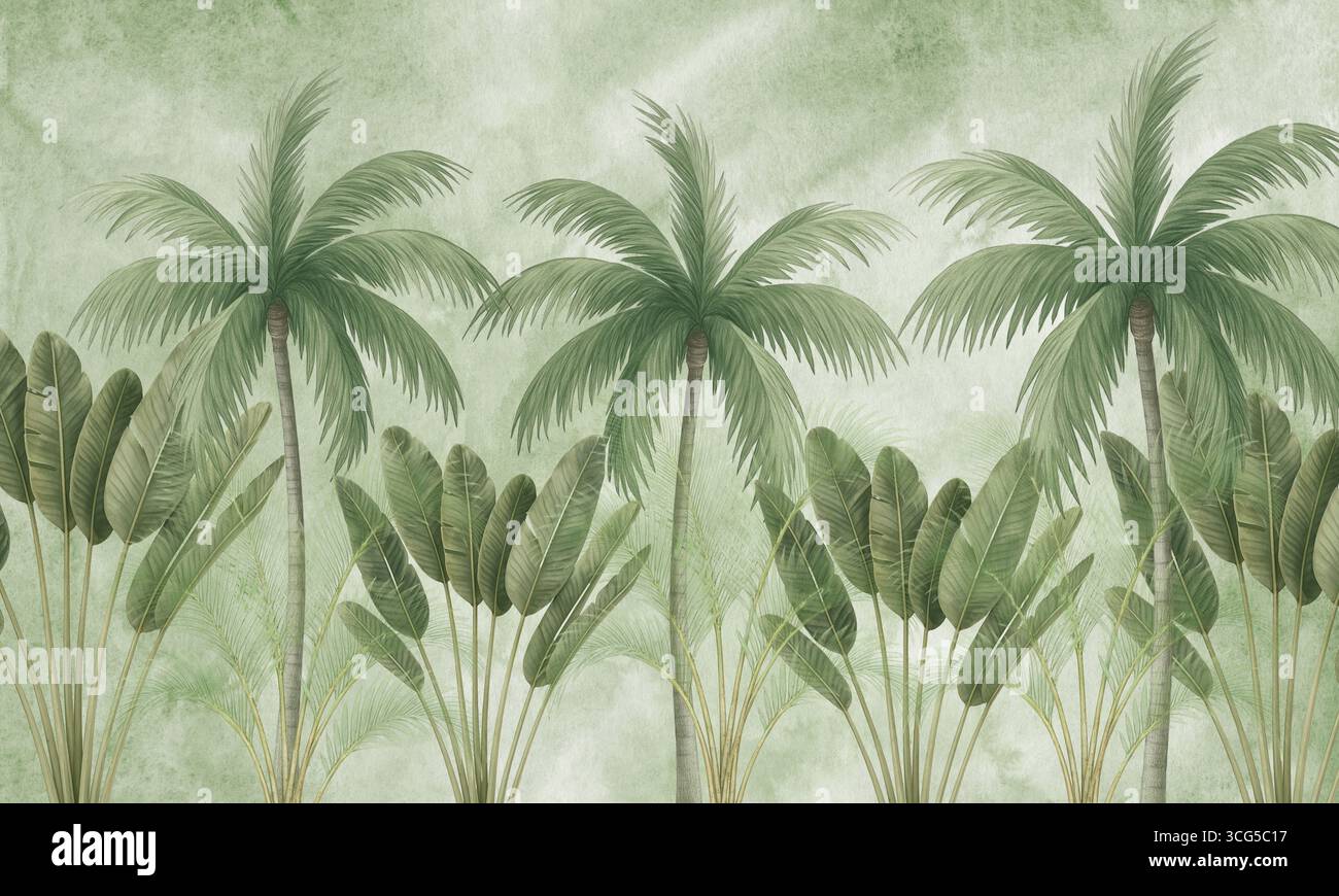 Feuilles de palmier tropical aquarelle fond d'art mural jungle Banque D'Images