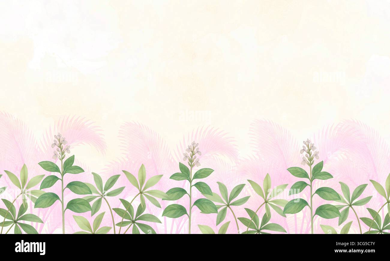 Feuilles de palmier tropical aquarelle fond d'art mural jungle Banque D'Images