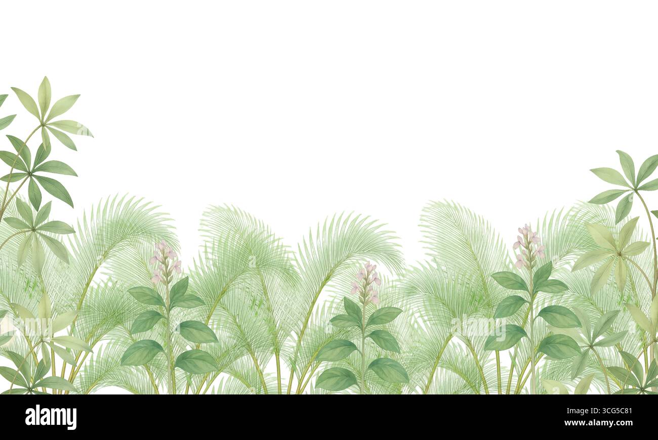 Feuilles de palmier tropical aquarelle fond d'art mural jungle Banque D'Images