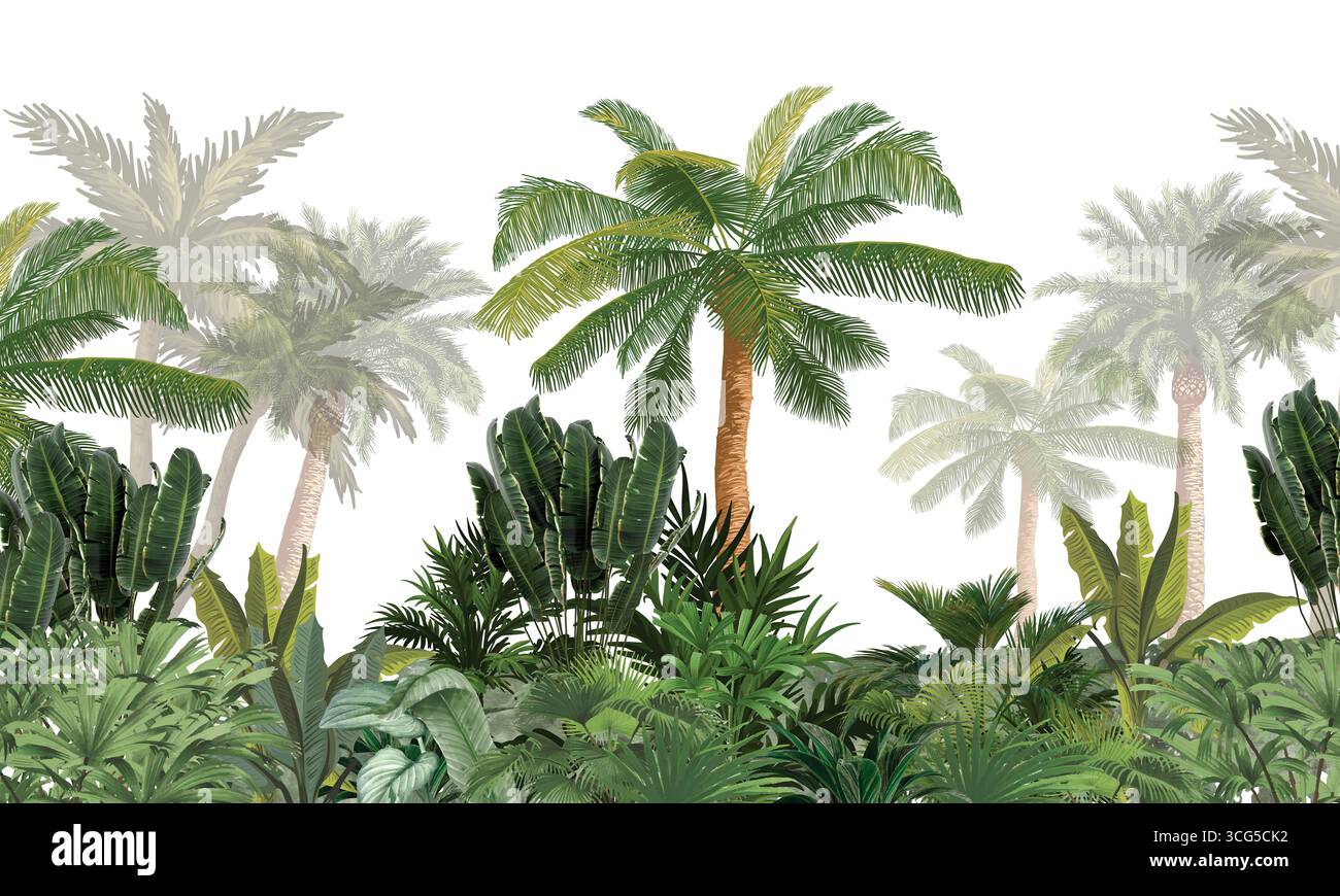 Feuilles de palmier tropical aquarelle fond d'art mural jungle Banque D'Images