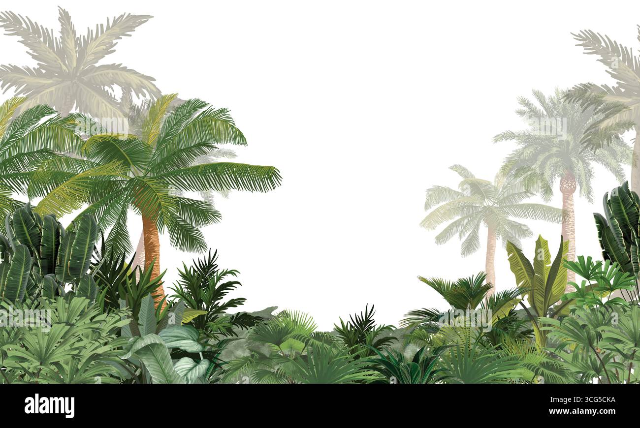 Feuilles de palmier tropical aquarelle fond d'art mural jungle Banque D'Images