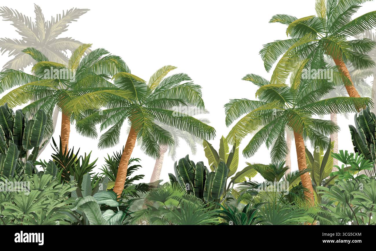 Feuilles de palmier tropical aquarelle fond d'art mural jungle Banque D'Images