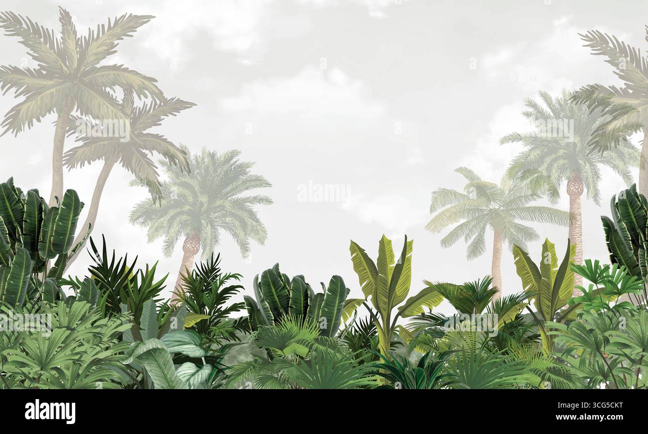 Feuilles de palmier tropical aquarelle fond d'art mural jungle Banque D'Images