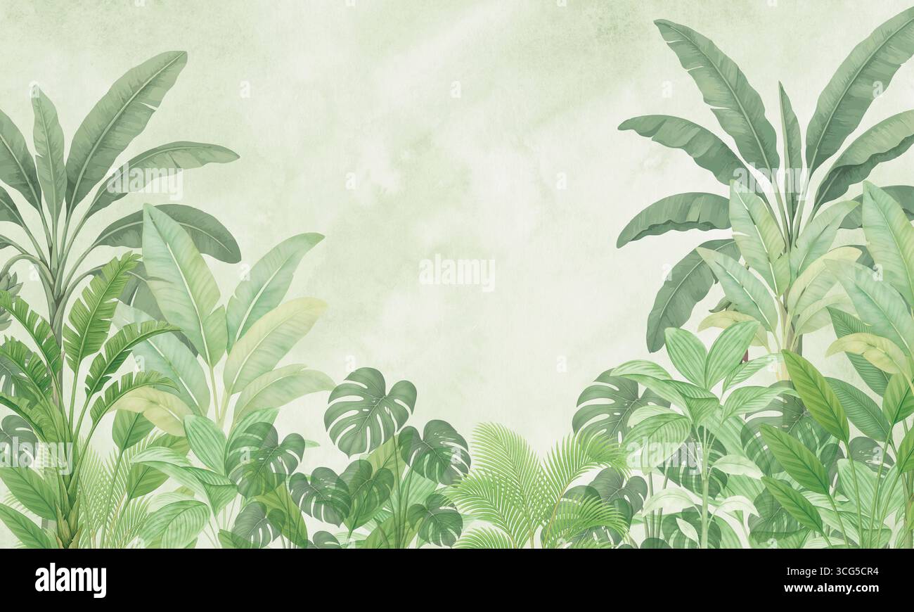 Feuilles de palmier tropical aquarelle fond d'art mural jungle Banque D'Images