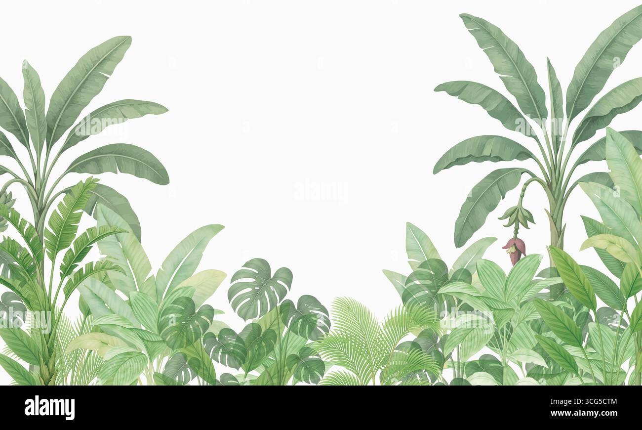 Feuilles de palmier tropical aquarelle fond d'art mural jungle Banque D'Images