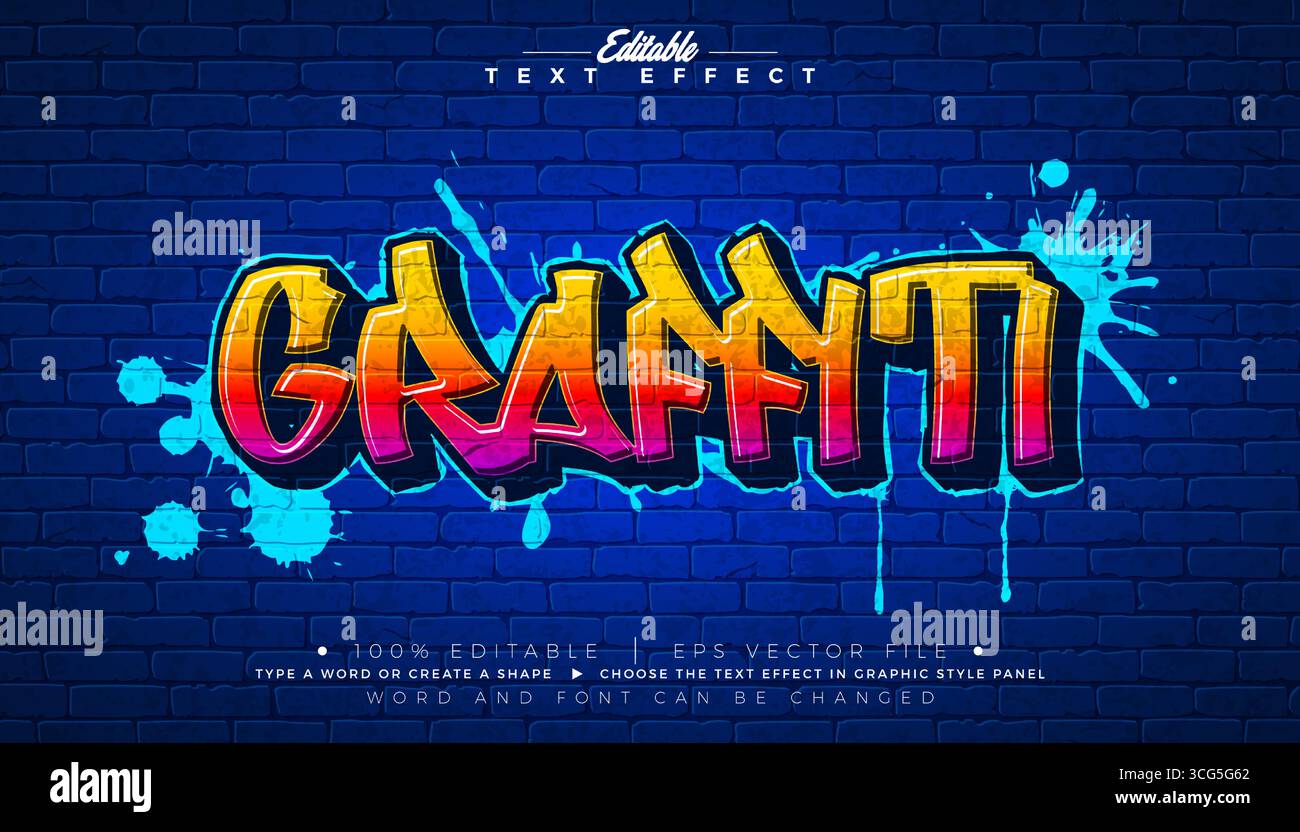 Graffiti Editable Text Effect Design avec Grunge colorée personnalisable dessinée à la main Street Art font sur fond de mur de briques. Graphique Vector Illustrator Illustration de Vecteur