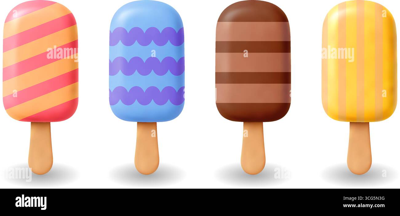Crème glacée 3D Popsicles Flat Summer Icon Realistic Vector Set desserts glacés Sweets Illustration de Vecteur