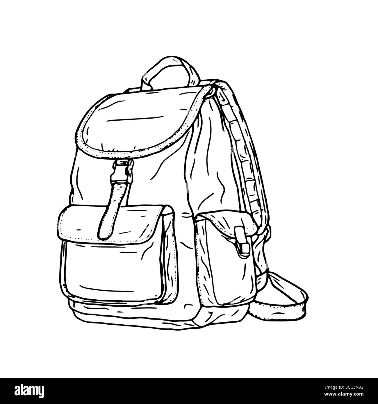 Sac à dos pour l'école et le camping, croquis à l'encre noire et blanche. Illustration vectorielle. Le sac est un sac, isolé sur un fond blanc. Pour les étudiants, scho Illustration de Vecteur