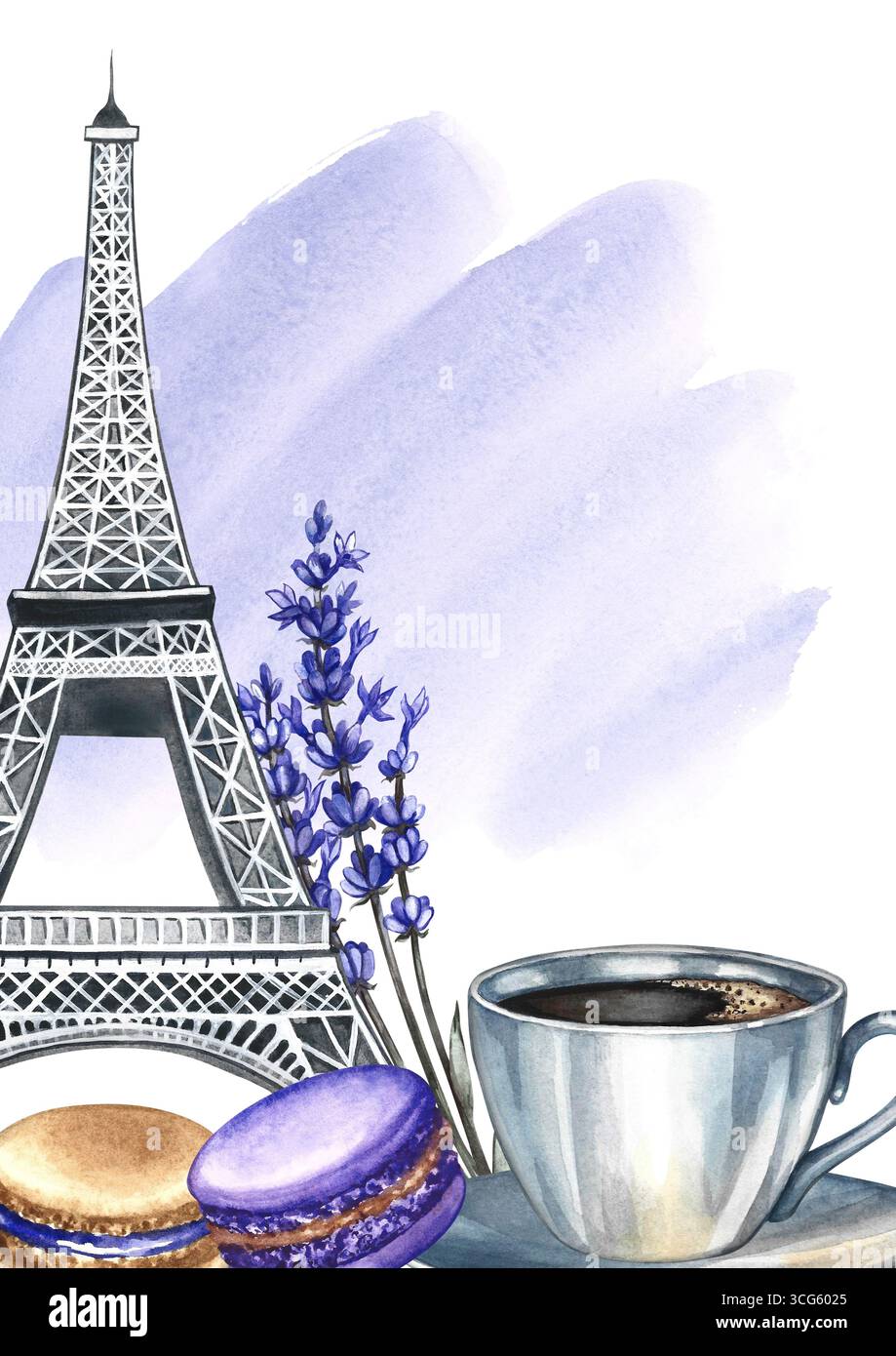 Cadre et image d'une tasse de café, macaron biscuit aux amandes et la Tour Eiffel. Illustration d'aquarelle dessinée à la main. Sur fond d'aquarelle violette Banque D'Images