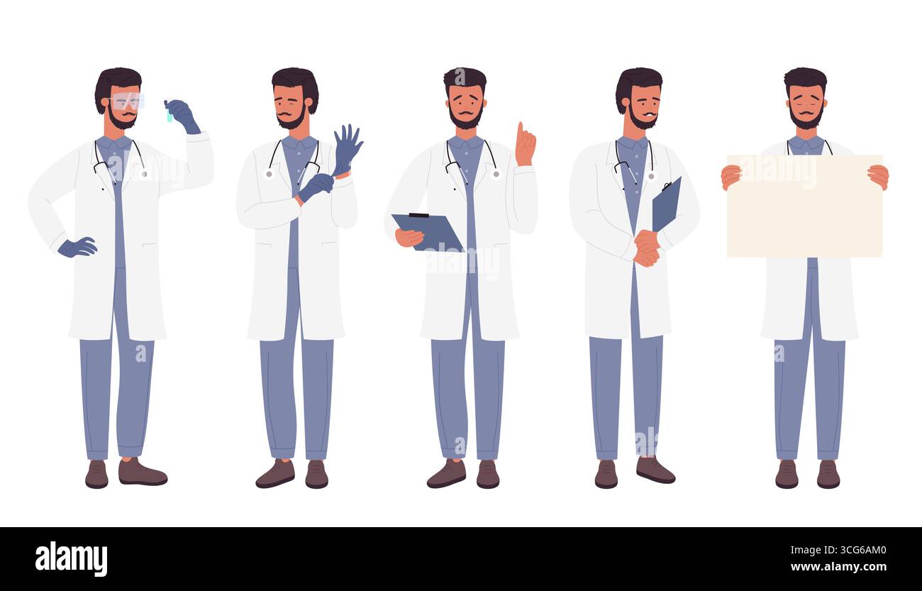 Professionnel de la santé dans diverses poses, y compris la tenue d'un presse-papiers, le port de gants et la présentation d'un signe vierge, idéal pour les soins de santé, l'éducation et les utilisations de présentation isolées sur l'illustration vectorielle de fond blanc Illustration de Vecteur