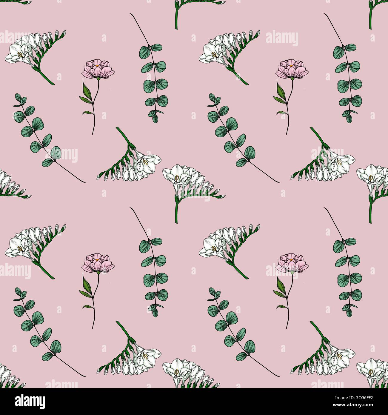 Élégant motif vectoriel sans couture avec des fleurs de freesia délicates, des branches d'eucalyptus et des fleurs roses subtiles, créant un design doux et romantique Illustration de Vecteur