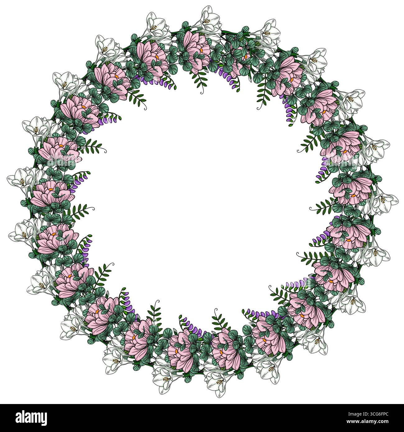 Conception élégante de couronne florale vectorielle avec fleurs de freesia roses et blanches, feuilles d'eucalyptus, et vesce violette, parfait pour les invitations, les cartes, ou Illustration de Vecteur