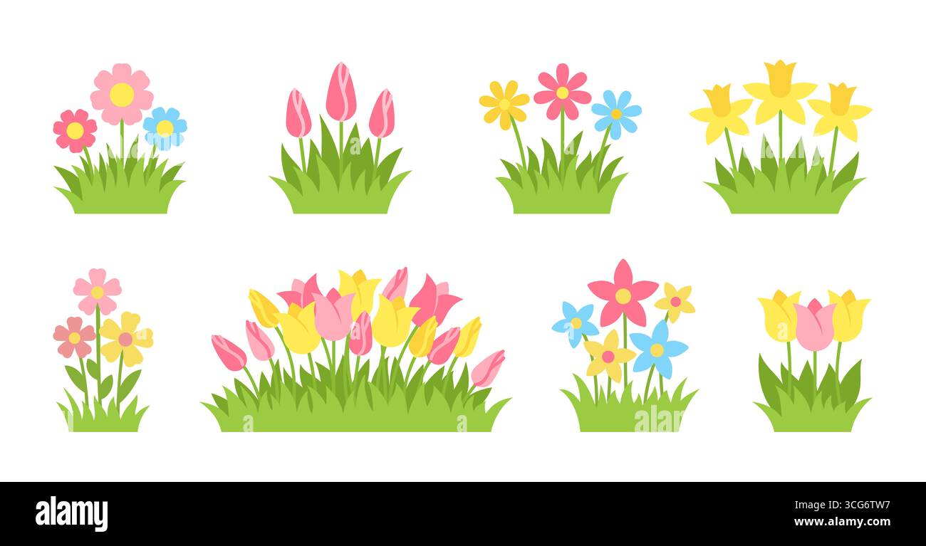 Fleurs et bourgeons printaniers lumineux. Tulipes, camomille, narcisse, Marguerite, mélange de fleurs simples dans l'herbe verte fraîche. Fleurs de prairie stylisées. Éléments décoratifs de parterre de jardin d'été Illustration de Vecteur