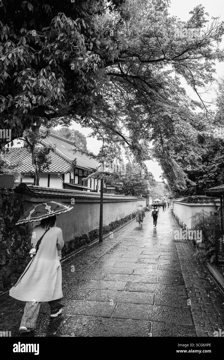Scène de jour de pluie capturant des femmes dans une rue japonaise traditionnelle, portant des kimonos et tenant des parapluies, avec une porte torii en arrière-plan, showcasi Banque D'Images