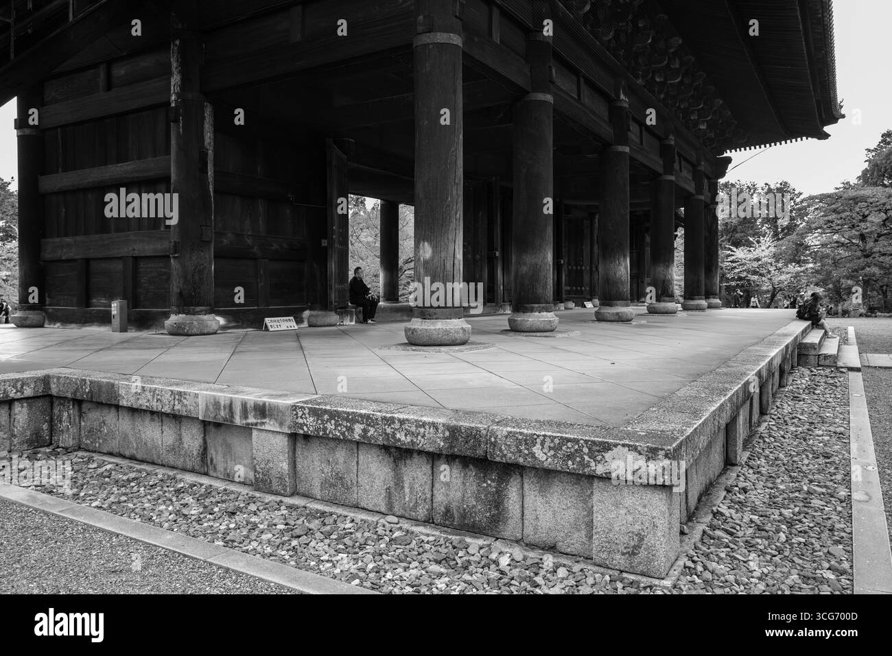 Une image monochrome montrant le design complexe d'une porte Sanmon traditionnelle en bois avec une fondation en pierre, transmettant historique et architectural Banque D'Images