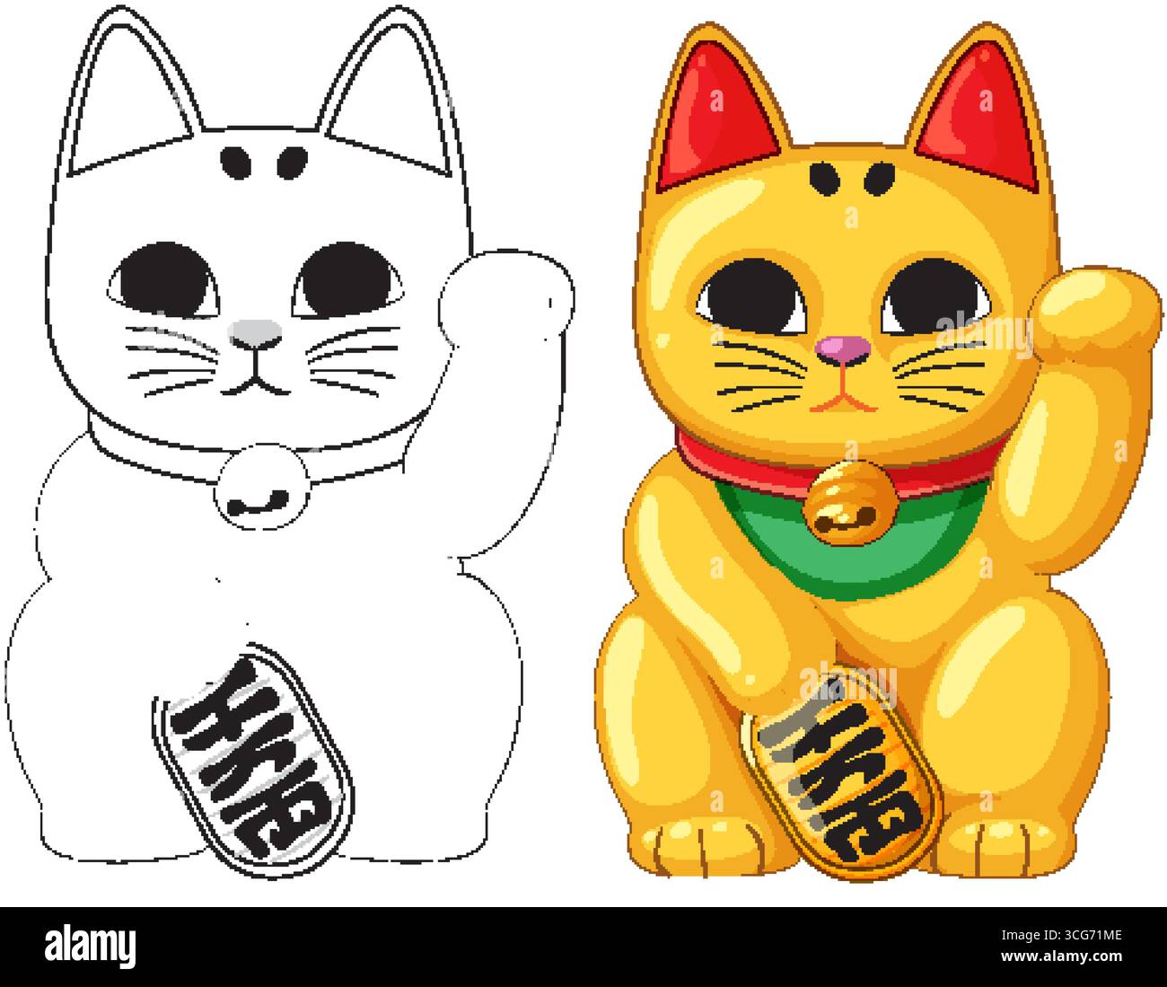 Maneki Neko chat en couleur et contour, lignes audacieuses, couleurs plates, isolé sur blanc Illustration de Vecteur