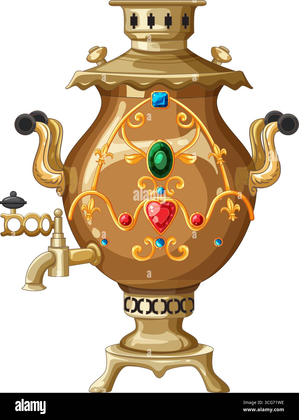 Vecteur de samovar russe orné avec filigrane d'or et décorations colorées de pierres précieuses, isolé sur blanc. Illustration de Vecteur