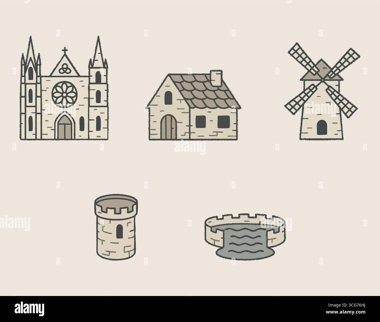 Une page de dessins gris présente une grande cathédrale, un chalet, un moulin à vent et des ruines cylindriques. Illustration de Vecteur