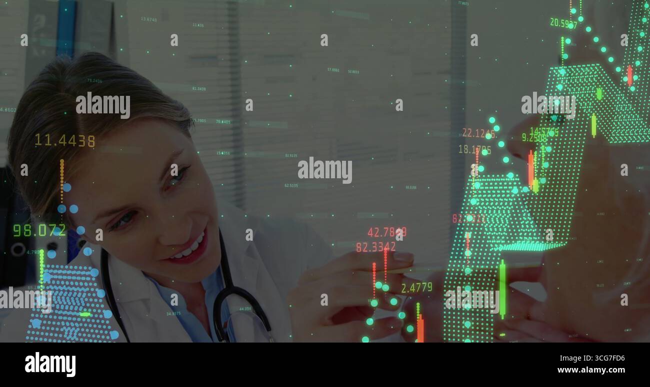 Tenant le médecin seringue injectant dans l'avant-bras du patient en clinique, avec des superpositions de graphiques financiers Banque D'Images