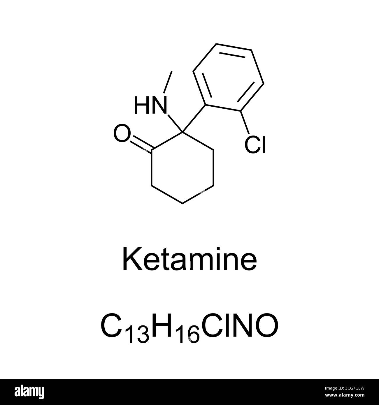 Kétamine, anesthésique général, formule chimique et structure moléculaire. Anesthésique général aux propriétés analgésiques et hallucinogènes. Banque D'Images