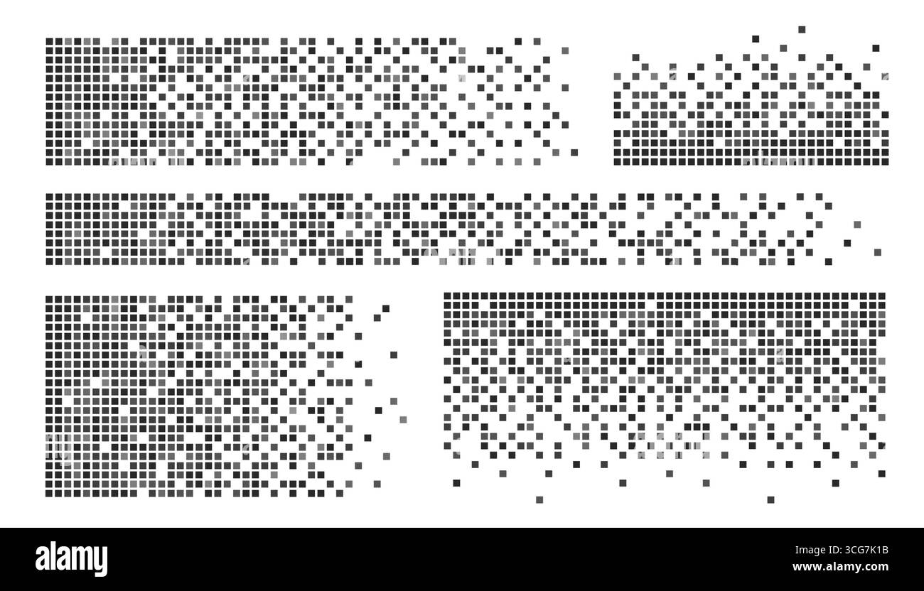 Ensemble de motifs de pixels cubiques avec effets de dispersion géométrique noire, dissolution numérique et fragmentation des données pour les conceptions technologiques. Fonds de grille matricielle avec blocs dispersés. Transitions artistiques glitch Illustration de Vecteur