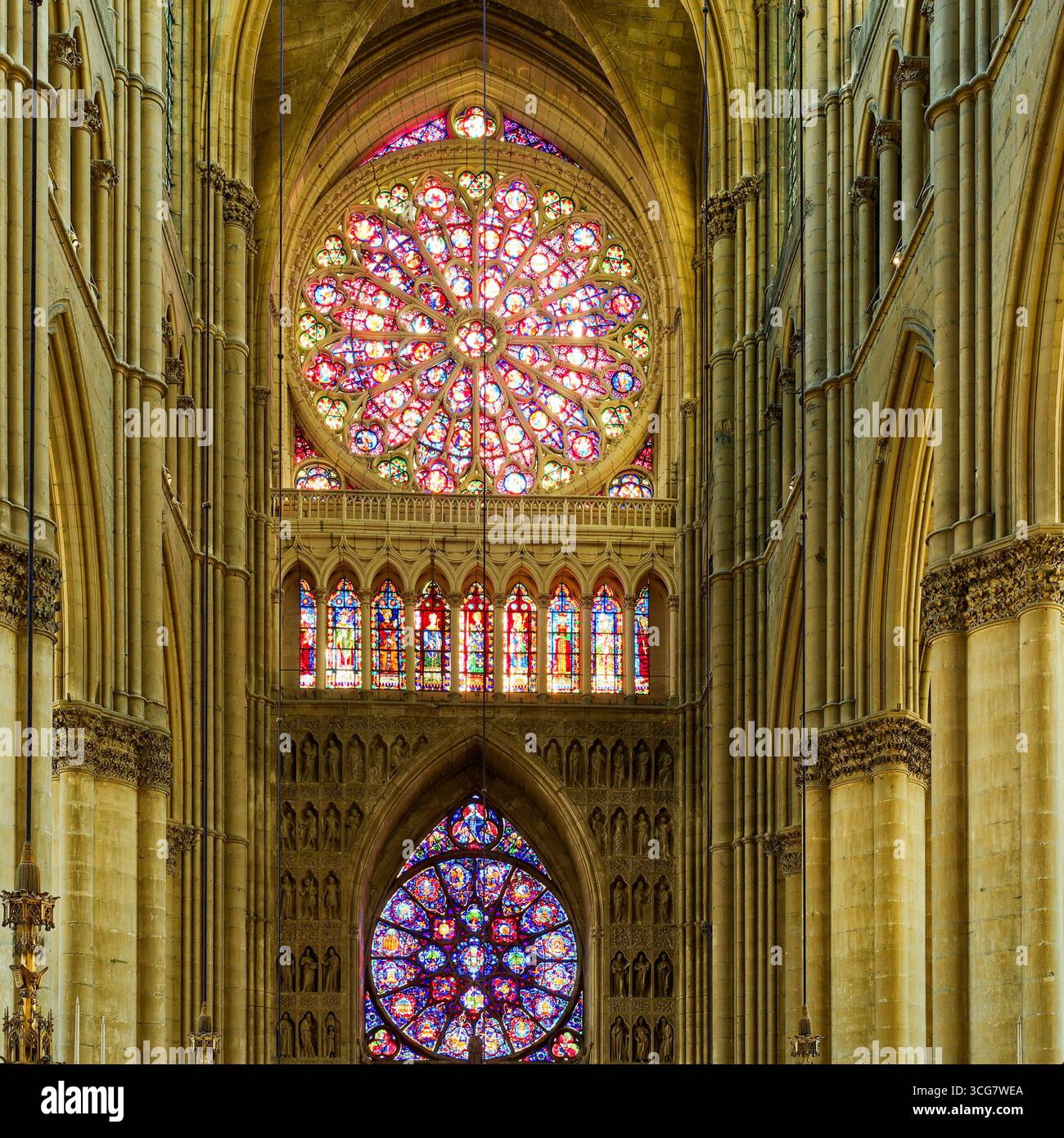 Rose vitrail rayonnant projetant des motifs lumineux colorés, cathédrale notre-Dame de Reims Banque D'Images