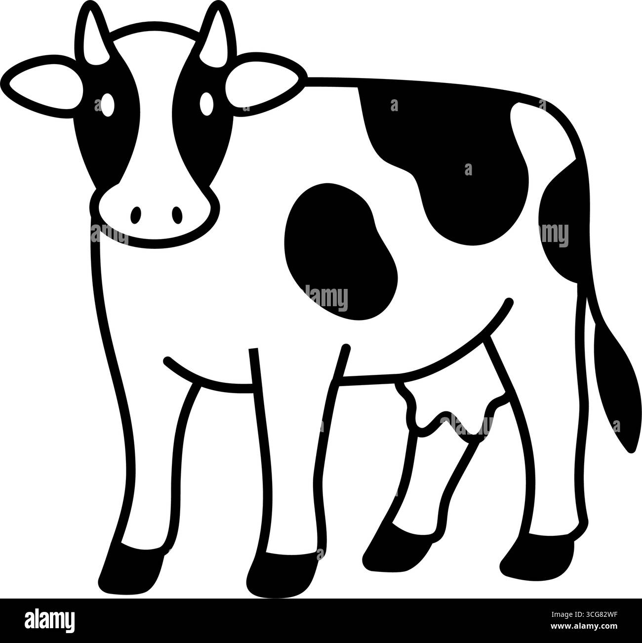 Mignonne vache laitière avec pis. Vecteur noir et blanc plat minimaliste pour les icônes agricoles, la marque et les graphiques sur le thème du lait Illustration de Vecteur