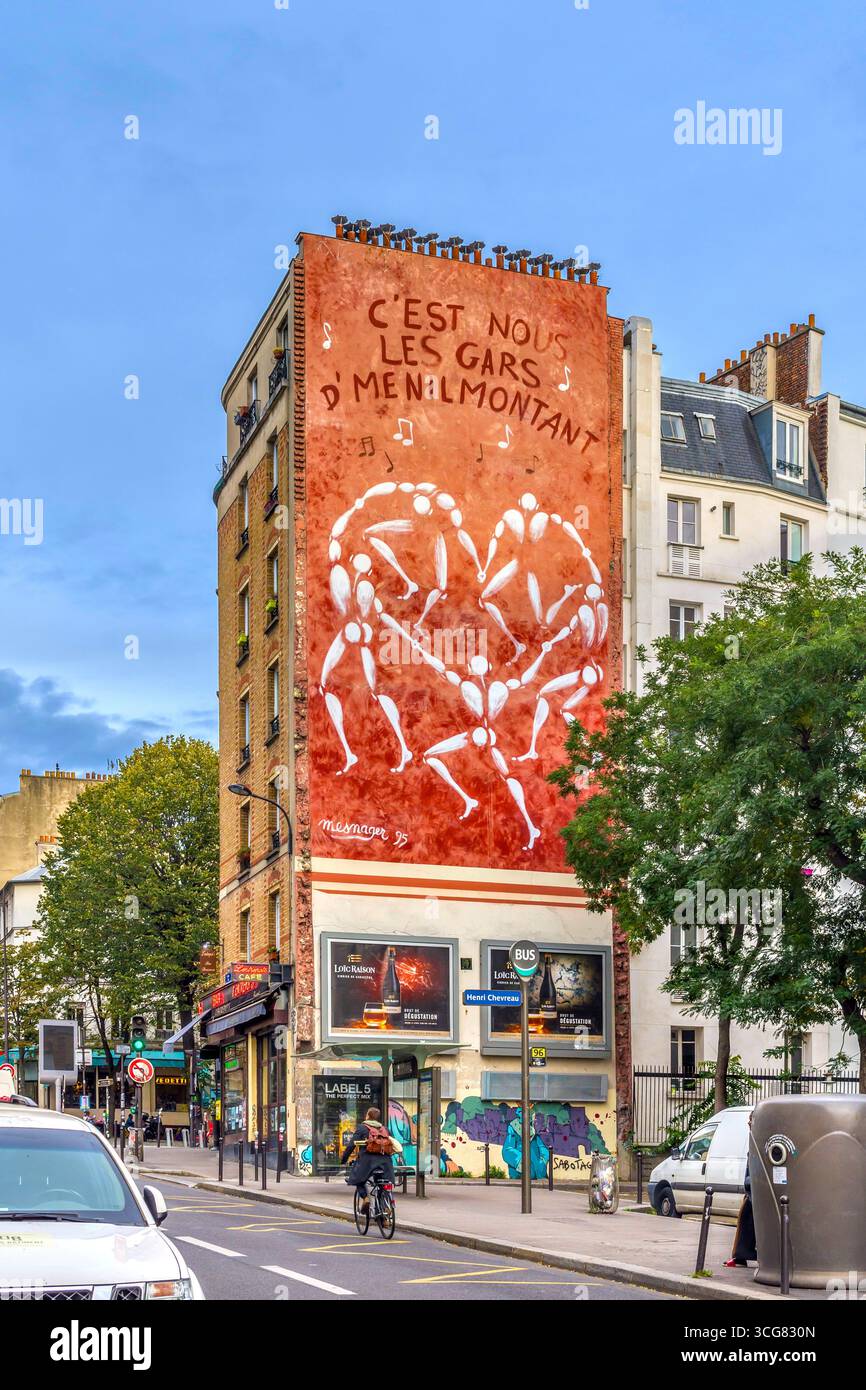 Peinture murale 'C'est nous les gars de Ménilmontant' de Jérôme Mesnager peinte en 1995 - Rue de Ménilmontant, Paris 75020, France. Banque D'Images