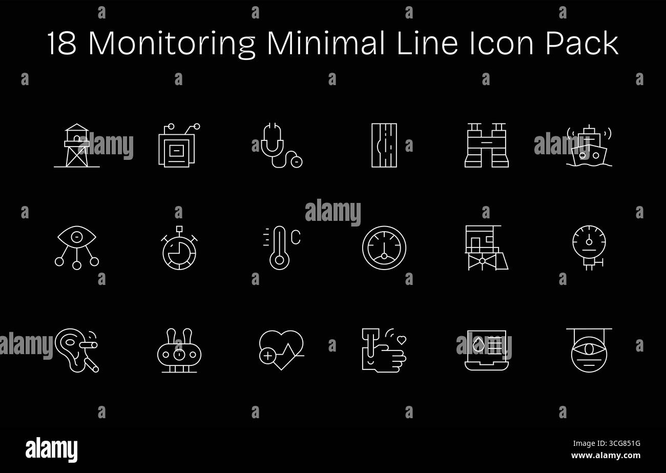 Conçu professionnellement 18 icônes dans le style minimal Line, capturant l'essence de la surveillance pour la conception de l'interface utilisateur. Illustration de Vecteur