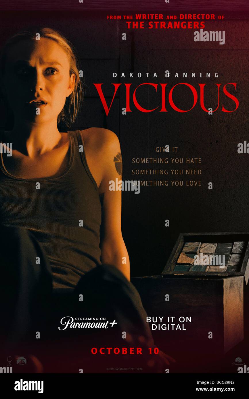 Vicious (2025) réalisé par Bryan Bertino et mettant en vedette Dakota Fanning, Rachel Blanchard et Kathryn Hunter. Une jeune femme passe la nuit à se battre pour son existence après qu'un visiteur de fin de nuit laisse un cadeau mystérieux qui la plonge dans un horrible trou de lapin. Affiche AMÉRICAINE À une feuille POUR USAGE ÉDITORIAL UNIQUEMENT. Crédit : BFA / Paramount Pictures Banque D'Images