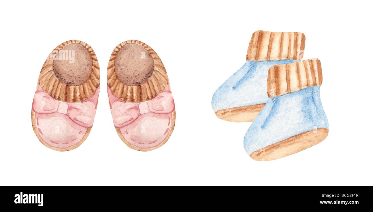 Ensemble de chaussures bébé pour garçon et fille. Illustration aquarelle dessinée à la main de chaussons pour enfants isolés sur un fond blanc. Clipart de chaussures mignonnes pour bébé Banque D'Images