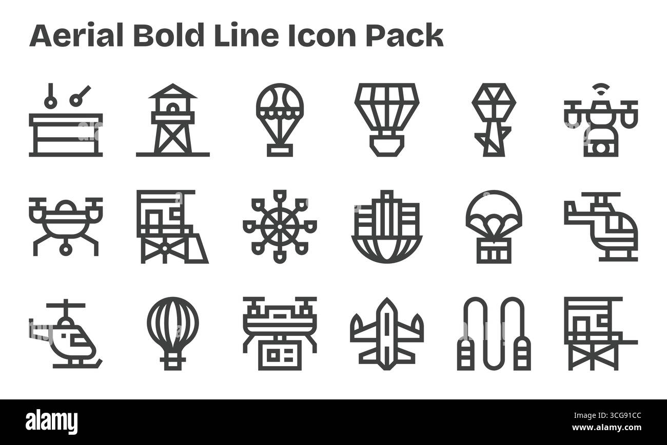 Pack organisé de 18 icônes vectorielles dans la conception de Bold Line, centré autour de concepts aériens. Illustration de Vecteur