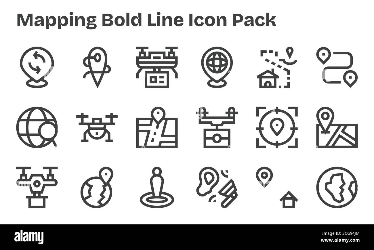 Pack organisé de 18 icônes vectorielles dans la conception de ligne Bold, centré autour des concepts de mappage. Illustration de Vecteur