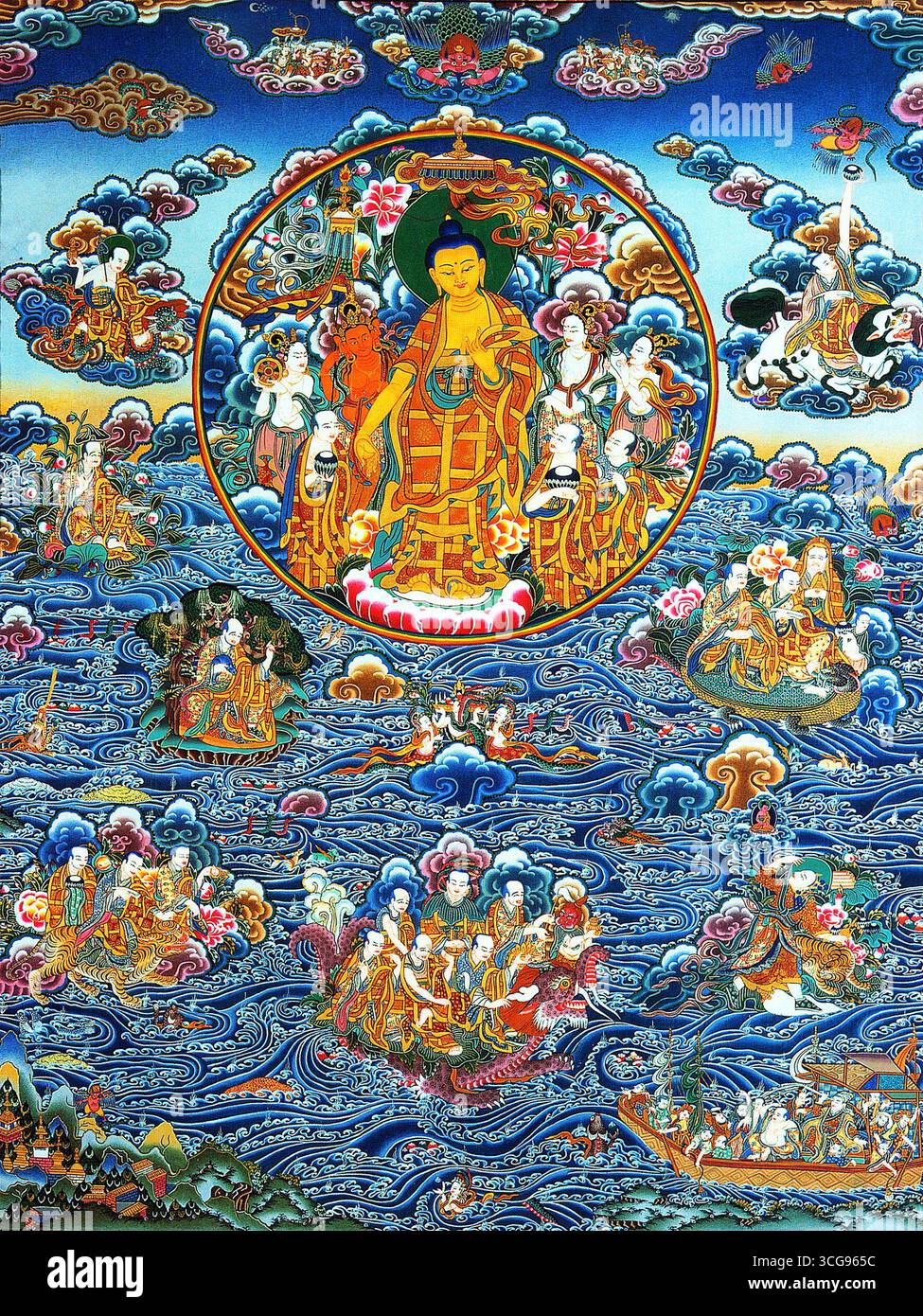 Shakyamuni Bouddha traversant la mer - Thangka tibétain avec les vagues de l'océan Banque D'Images Shakyamuni Bouddha traversant la mer - Thangka tibétain avec les vagues de l'océan Banque D'Images