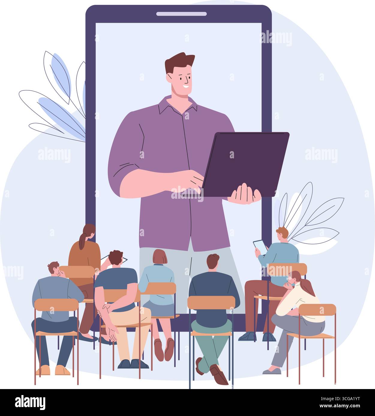 Étude en ligne. Groupe d'étudiants assis sur des chaises devant sur l'écran du smartphone et écouter jeune professeur. Formation en entreprise, conférence numérique, éducation Illustration de Vecteur