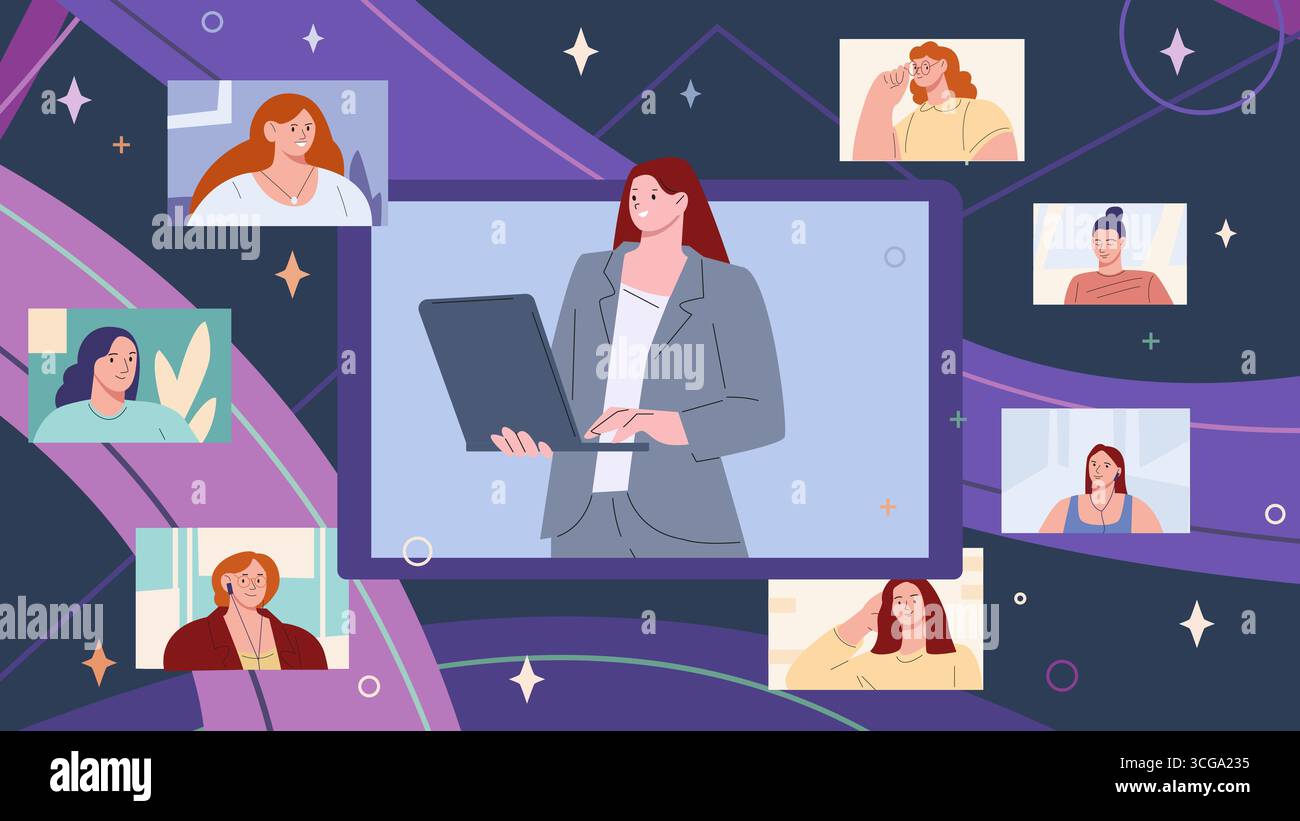 Concept de formation en ligne féminine. Atelier des femmes d'affaires, marketing de réseau pour les femmes au foyer. Psychologie, sociologie, infogitans, origi de scène vectorielle Illustration de Vecteur